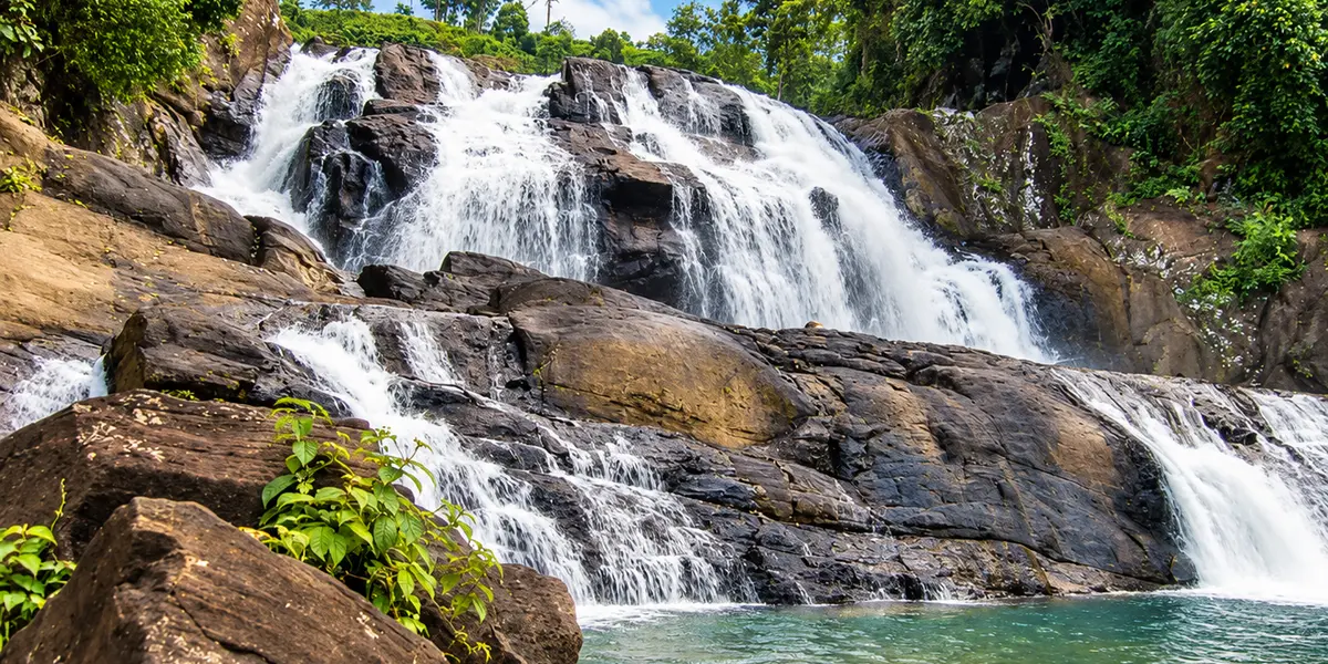 Hathmale Ella, a tall multi-step waterfall on the Gin Ganga near Deniyaya in southern Sri Lanka