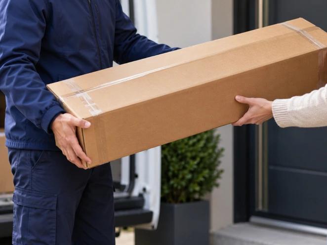 A courier handing a long boxed golf bag to a customer at the door
