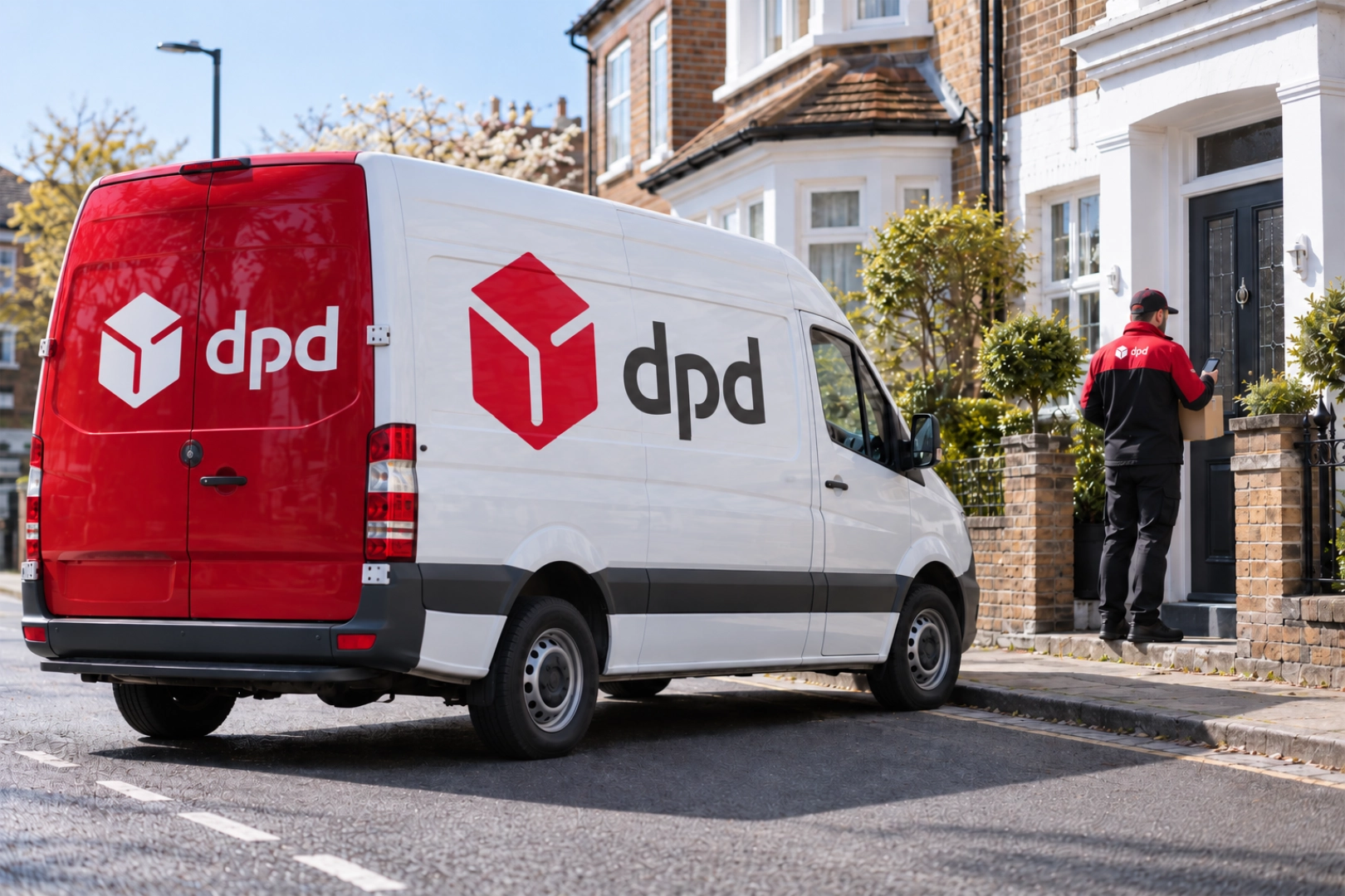 A red and white DPD van parked on a residential street while a courier delivers a parcel to a front door