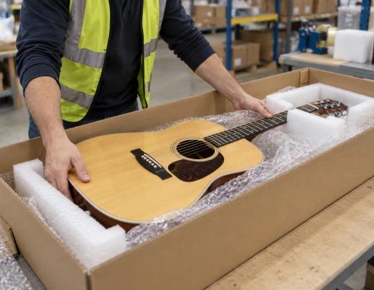 A courier packing a guitar into a long padded box