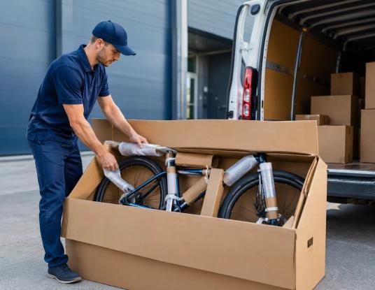 A courier packing a boxed bike into a delivery van