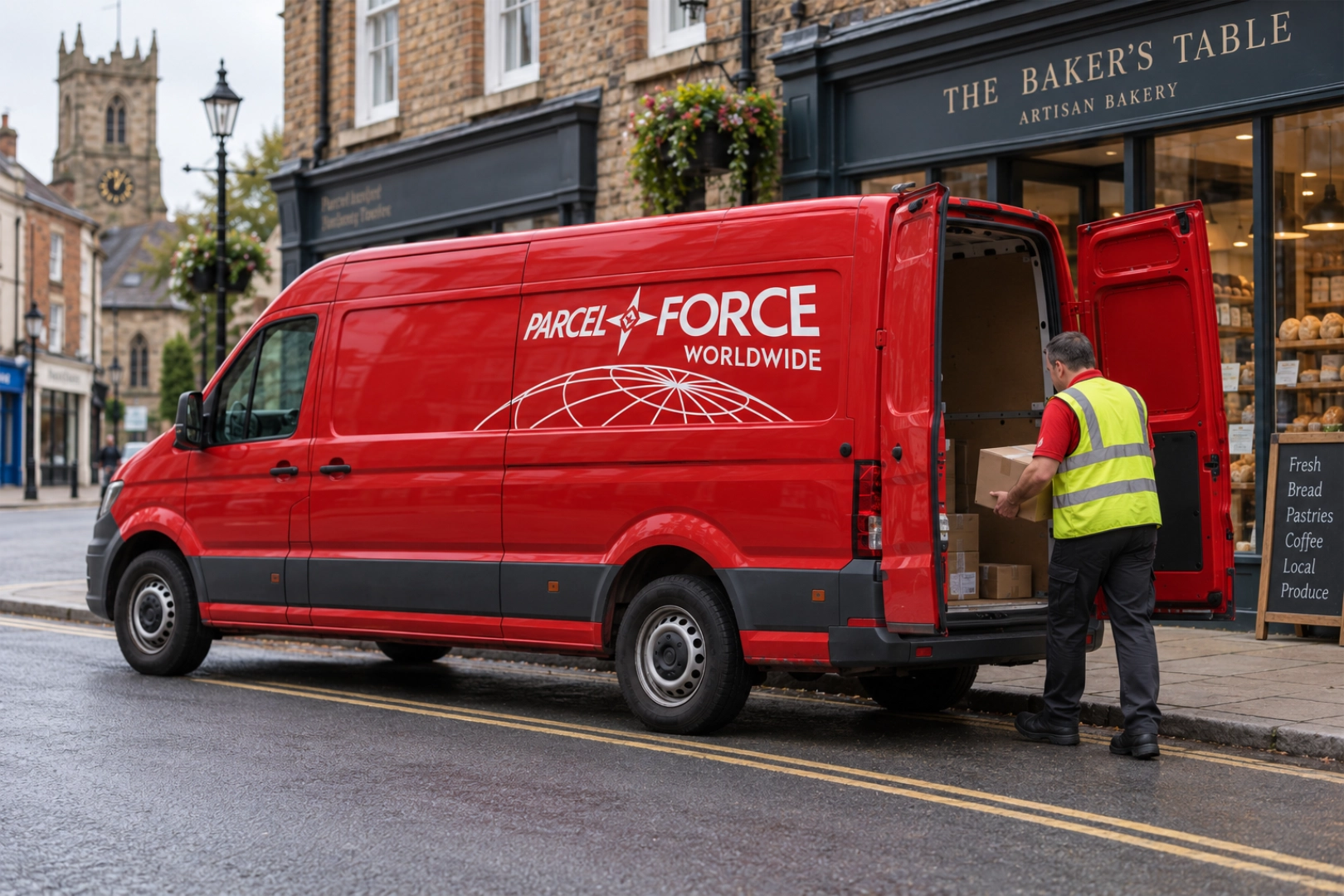 A red Parcelforce Worldwide van on a market-town high street, a courier in a hi-vis vest lifting a box from the back