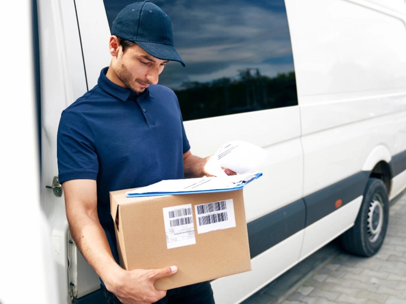 A courier checking a boxed laptop against the delivery paperwork