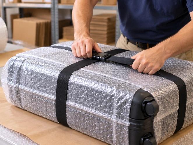 A suitcase wrapped and strapped securely before sending