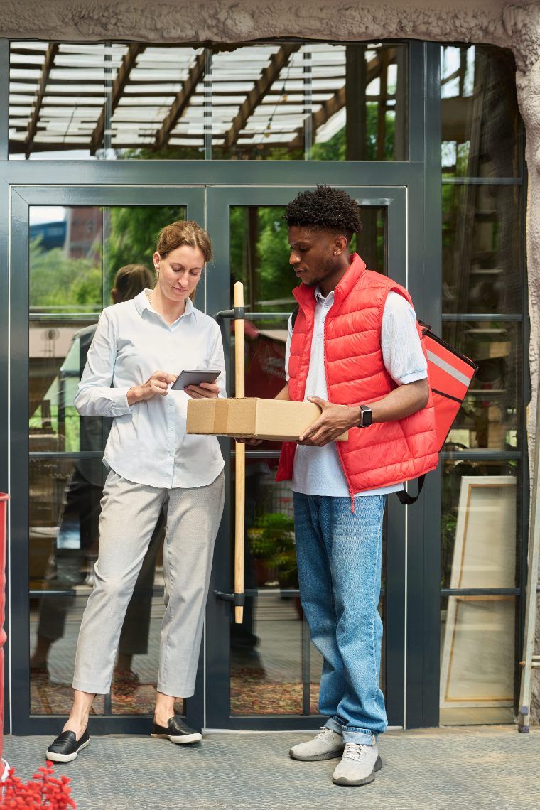 A courier handing a parcel to a customer at the door