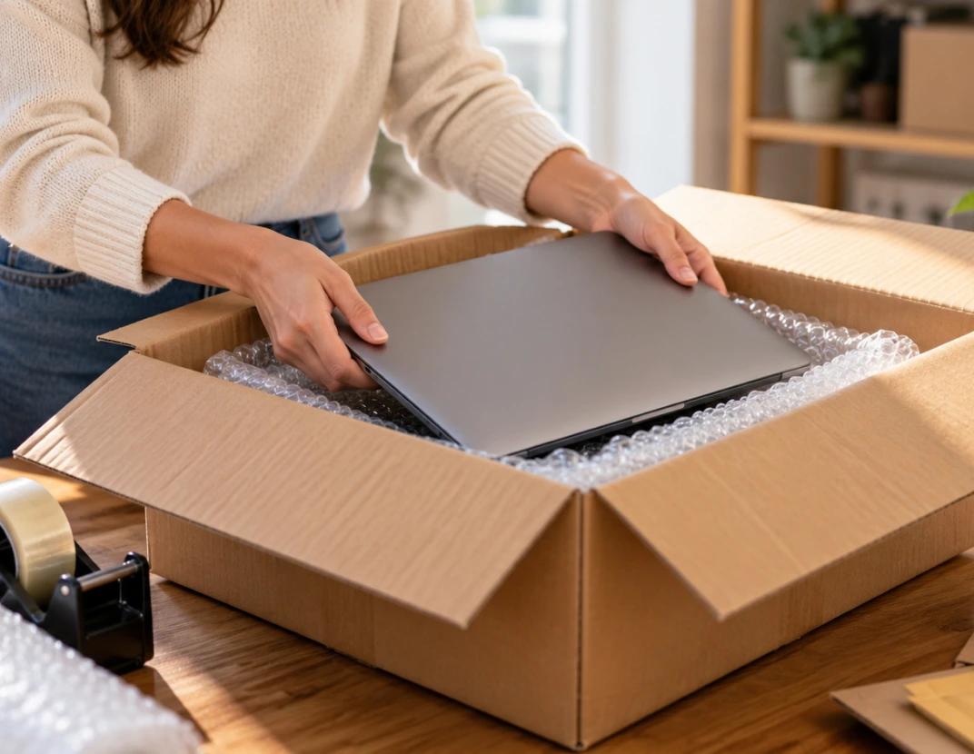A courier packing a laptop into a box with bubble wrap
