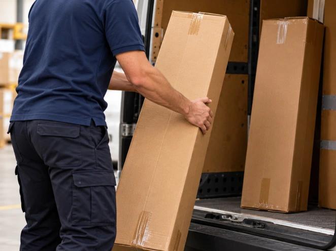 A courier loading a long golf bag box into a delivery van