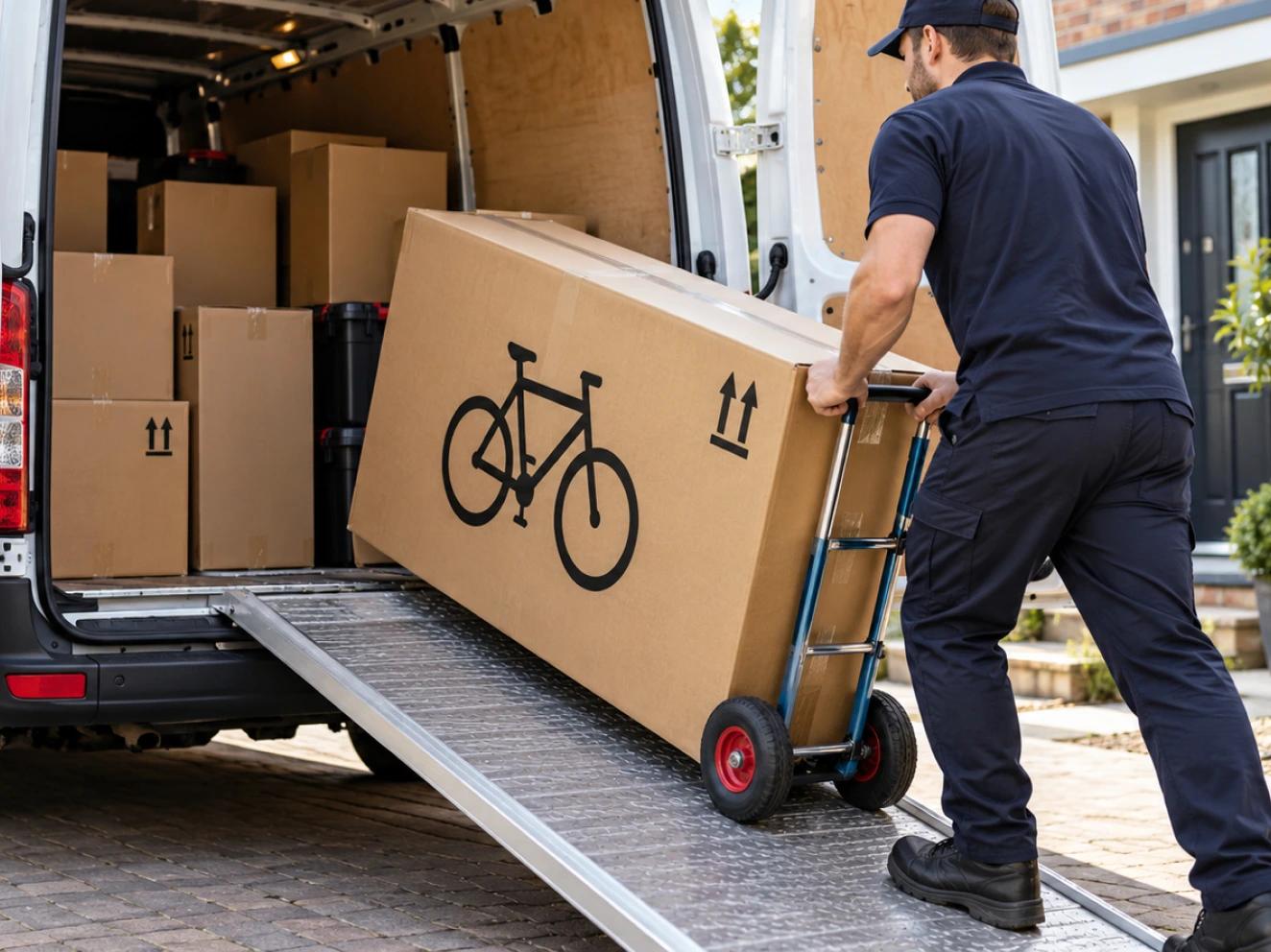 A boxed bike being loaded into a delivery van