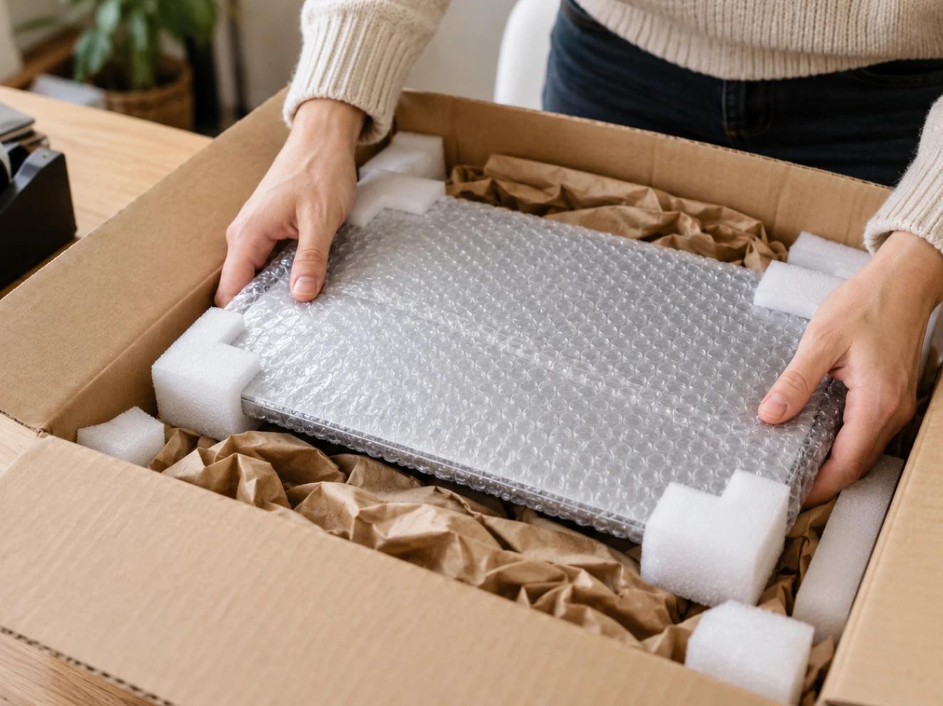 A laptop fully wrapped in bubble wrap and padded inside a box
