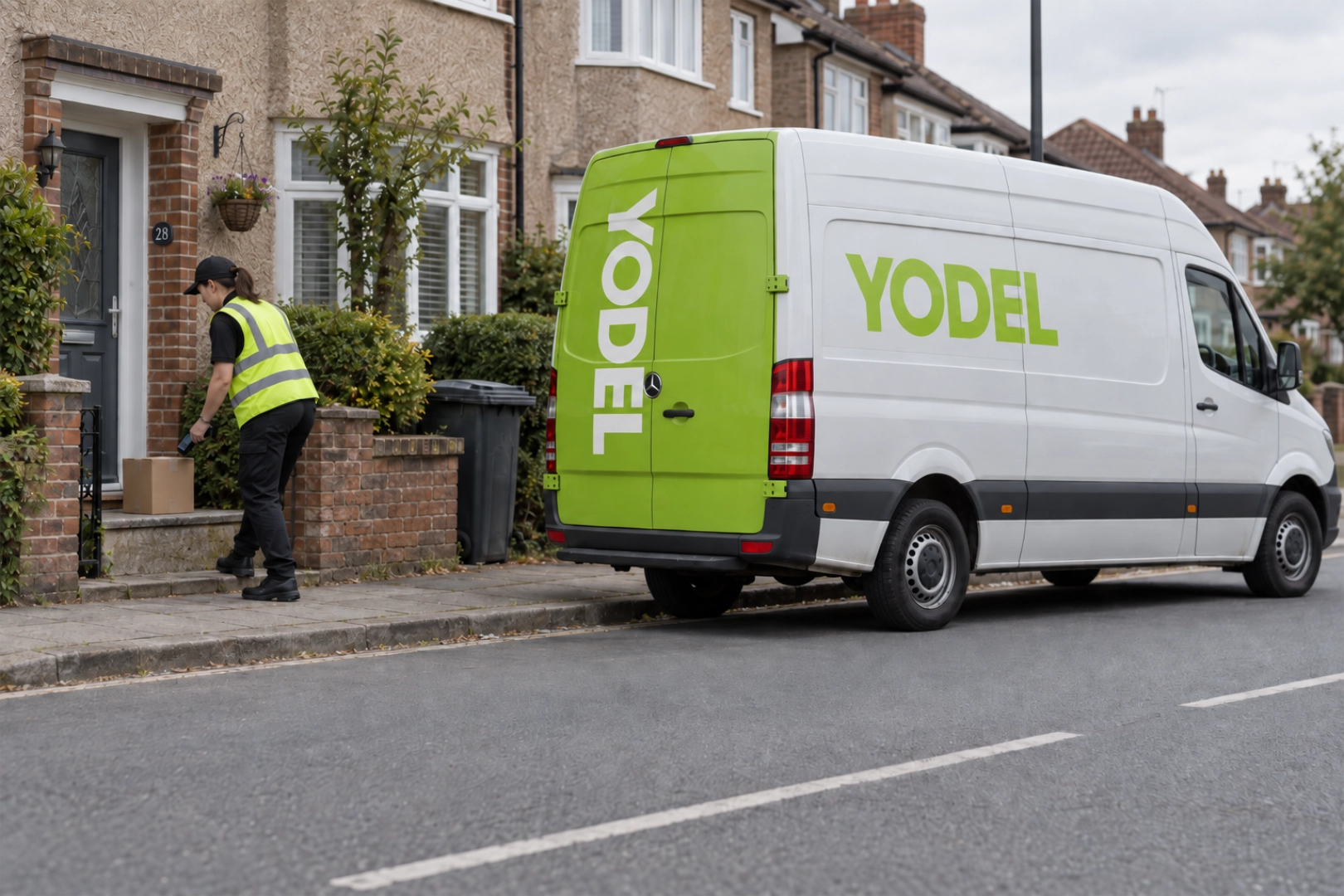 A green and white Yodel van on a residential street while a courier delivers a parcel to a doorstep