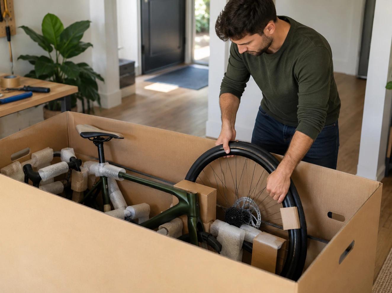 A wheel being padded and packed alongside a bike frame