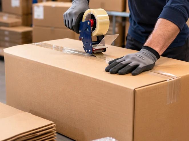 A courier taping a tyre box ready for weighing