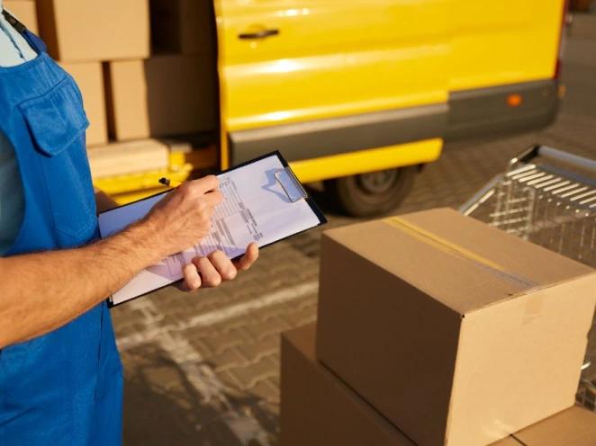 A courier checking delivery paperwork beside boxed tyres