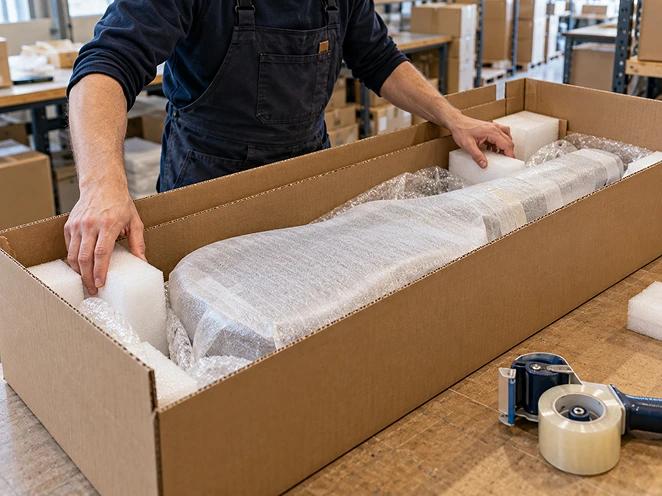 A guitar padded and wrapped inside a long box
