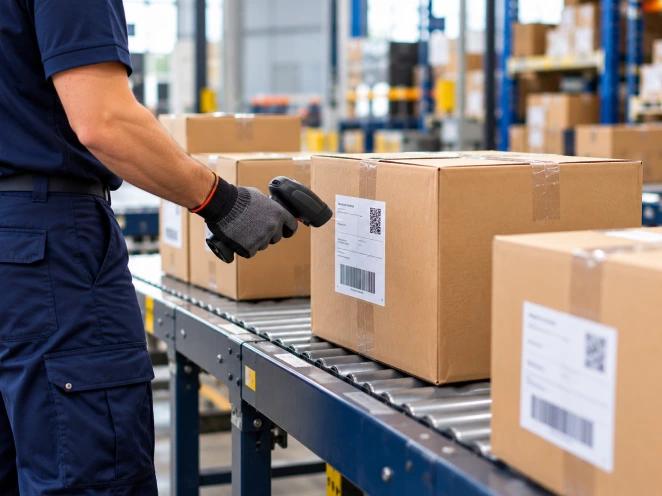 A courier scanning a tyre box in a warehouse