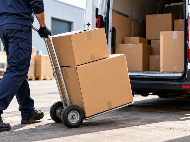 A courier wheeling boxed tyres into a delivery van