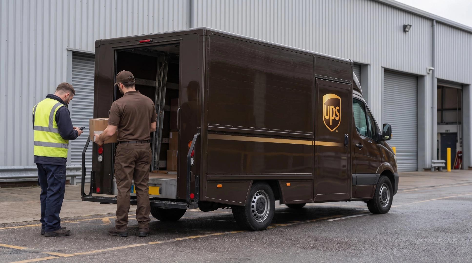 Two workers with a parcel and a handheld scanner at the open rear of a brown UPS van in a depot yard