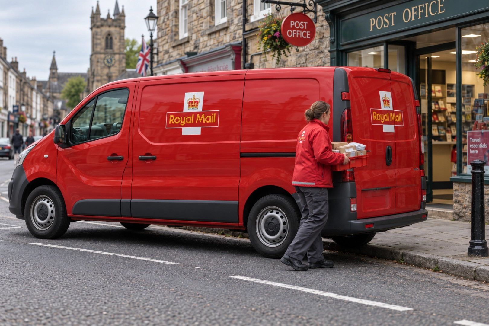 A red Royal Mail van parked outside a village Post Office while a postal worker unloads a tray of parcels