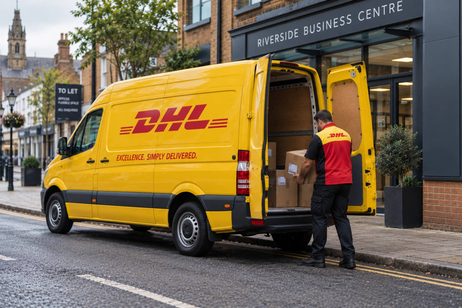 A yellow DHL van with its rear doors open, a courier in DHL uniform lifting a parcel out on a UK high street