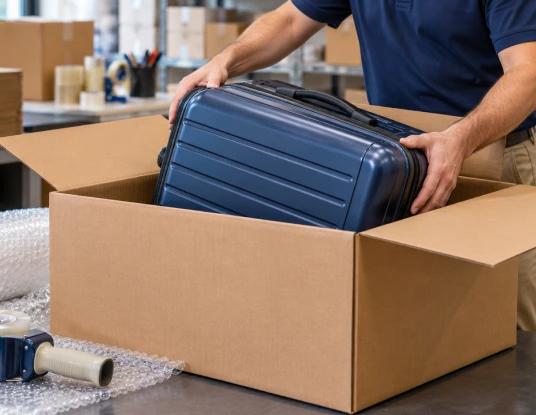A courier packing a suitcase into a box