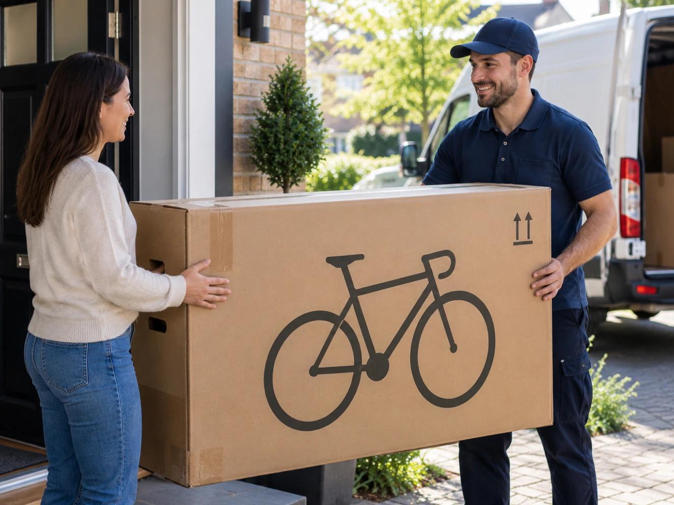 A courier handing a boxed bike to a customer at the door