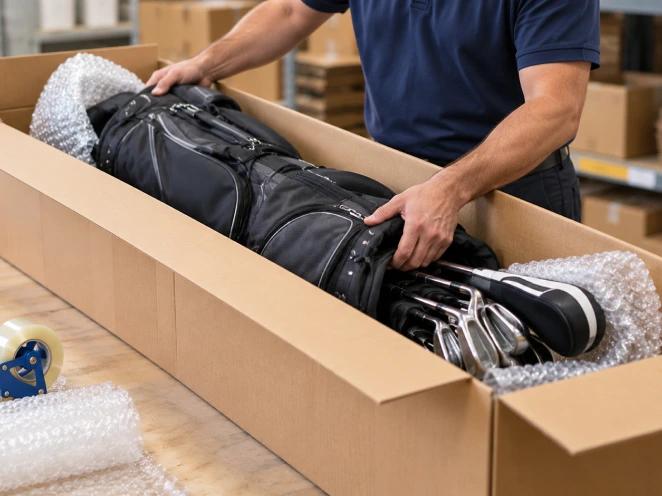 A courier packing a golf bag into a long box