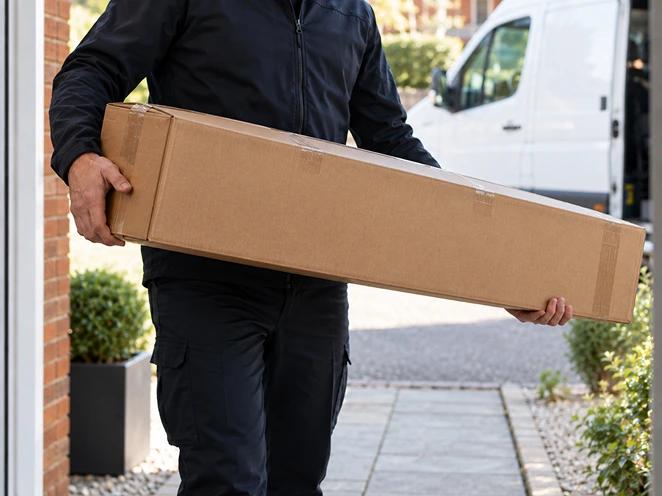 A courier carrying a long boxed guitar outside for delivery