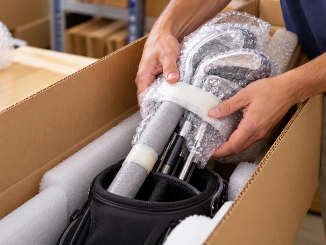 Golf clubs padded and wrapped inside a long box