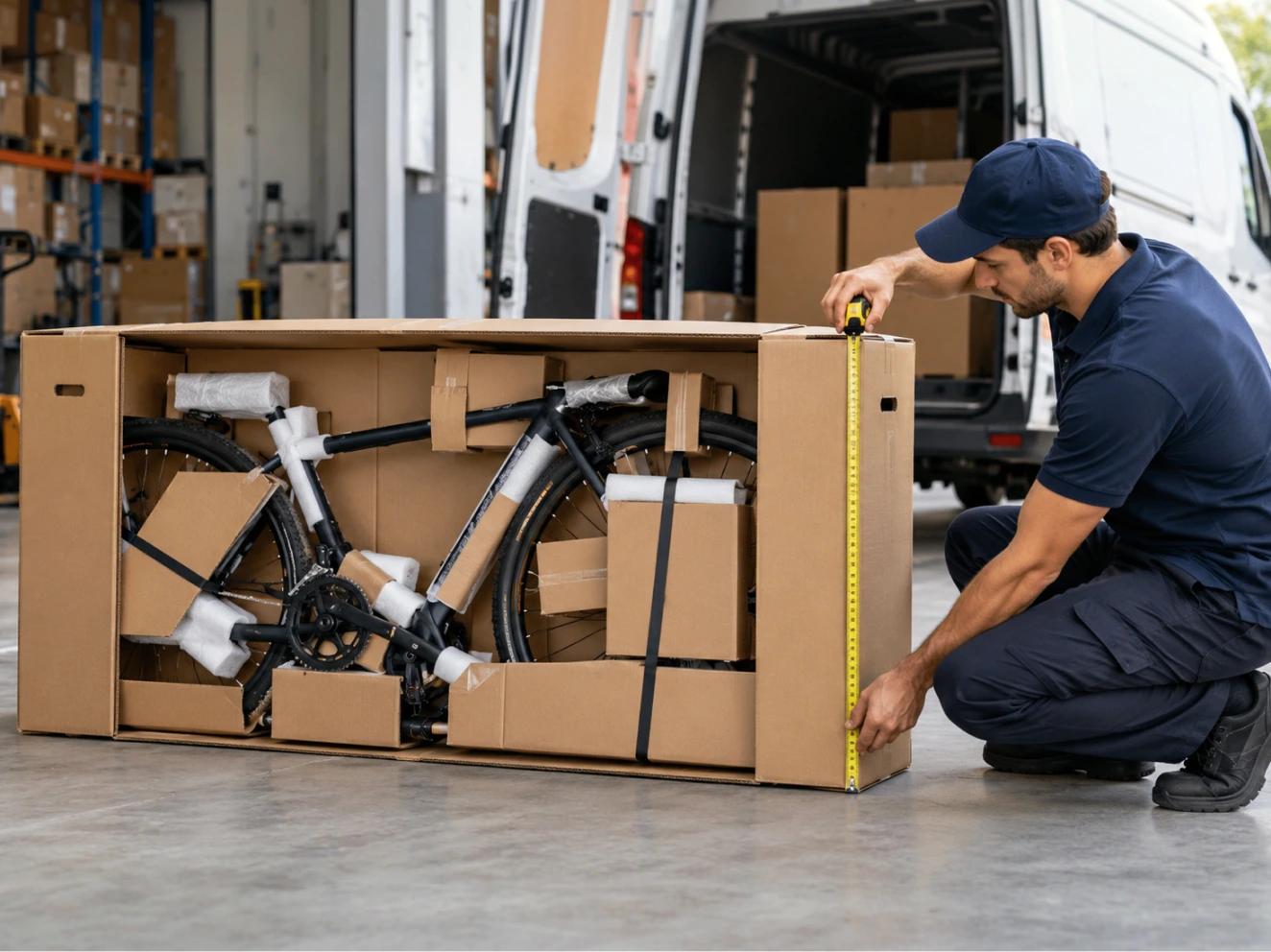A courier measuring a boxed bike before collection