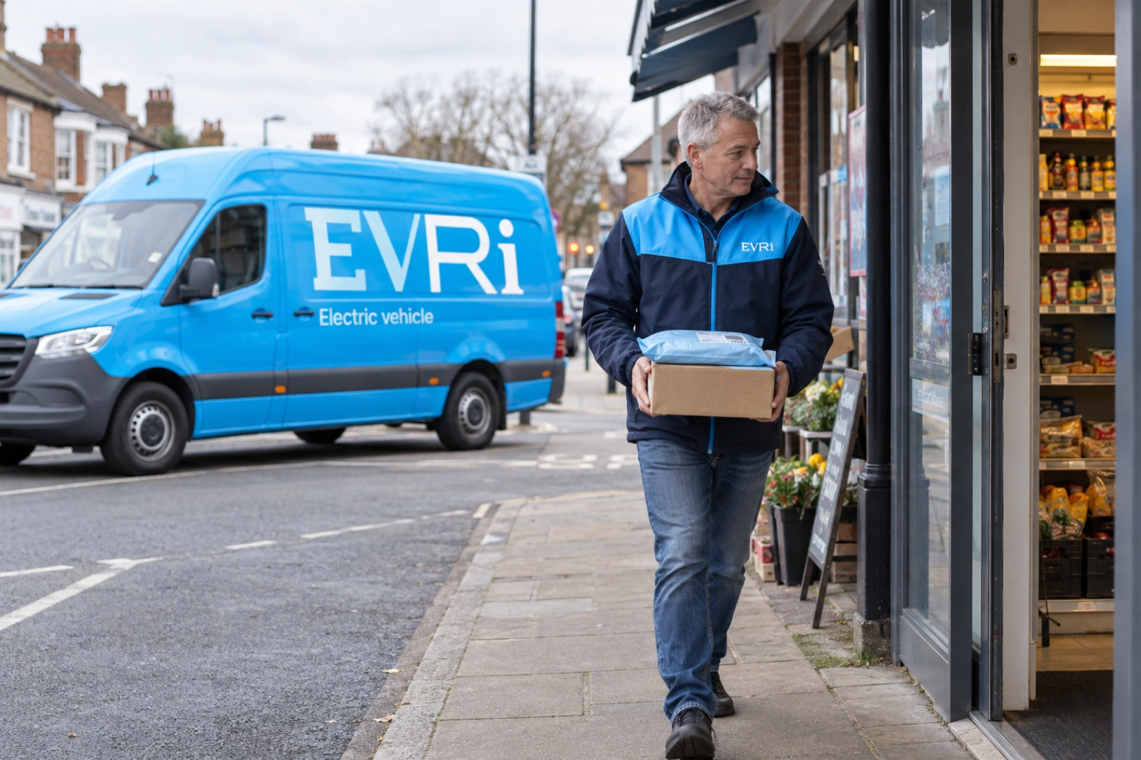 A courier carrying parcels into a high-street convenience shop, with a blue Evri electric van parked behind