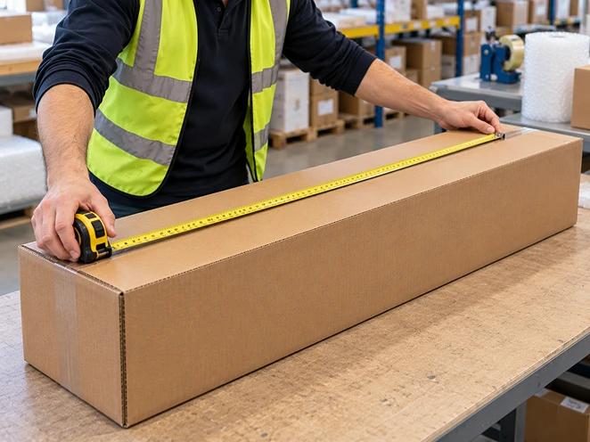A courier measuring a long guitar box before collection