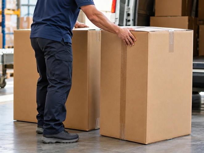 Boxed suitcases ready for collection in a warehouse