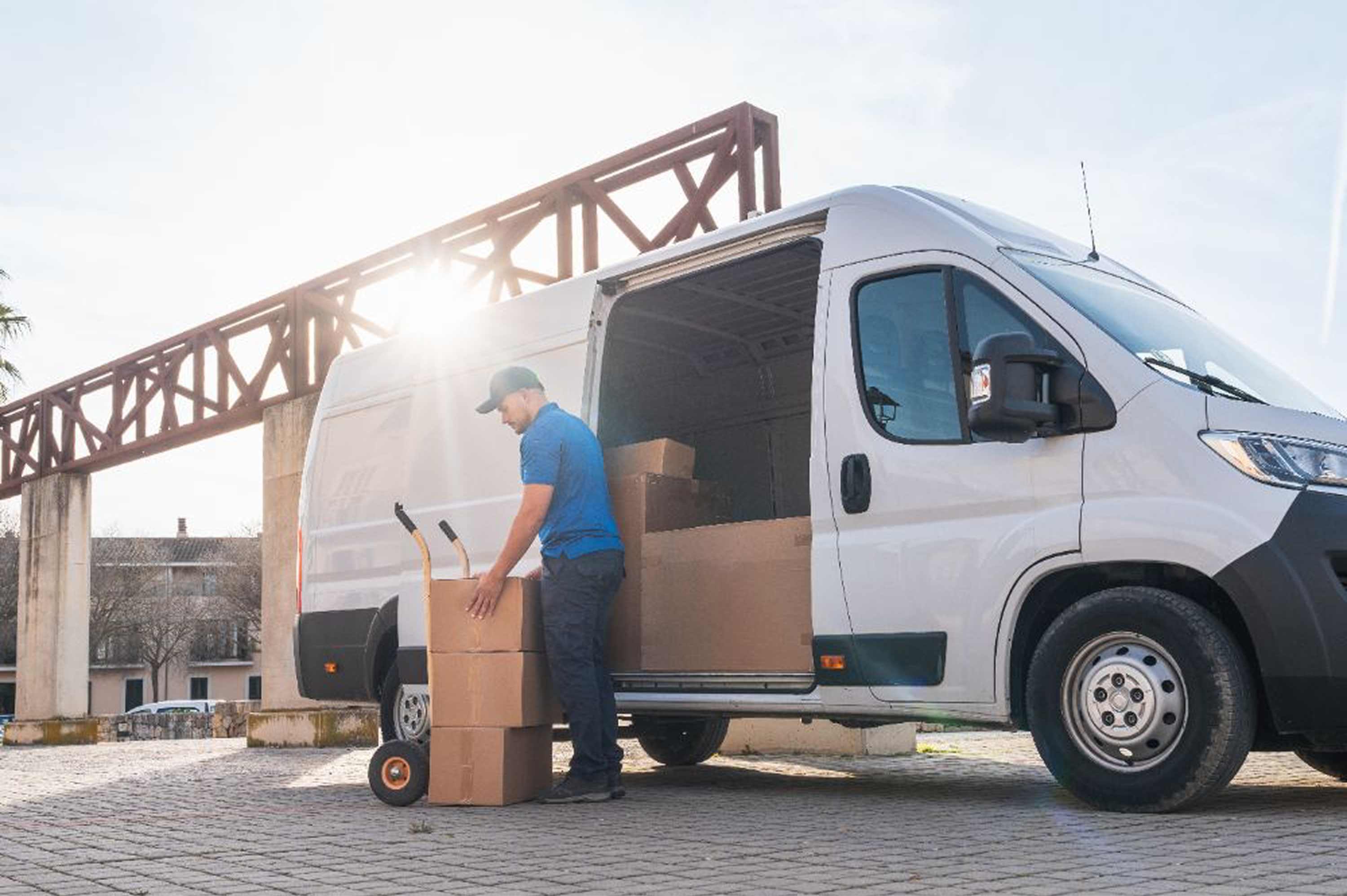 Courier unloading boxes from a van