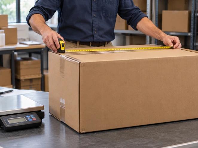 A courier measuring a boxed suitcase before collection
