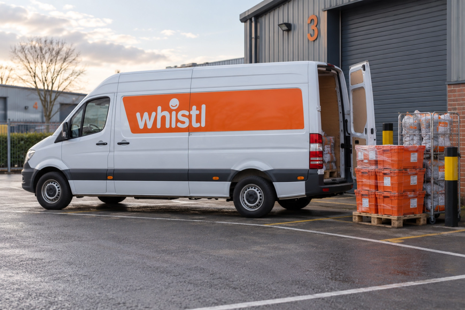 A white and orange Whistl van at a depot loading bay beside stacked orange totes and roll cages
