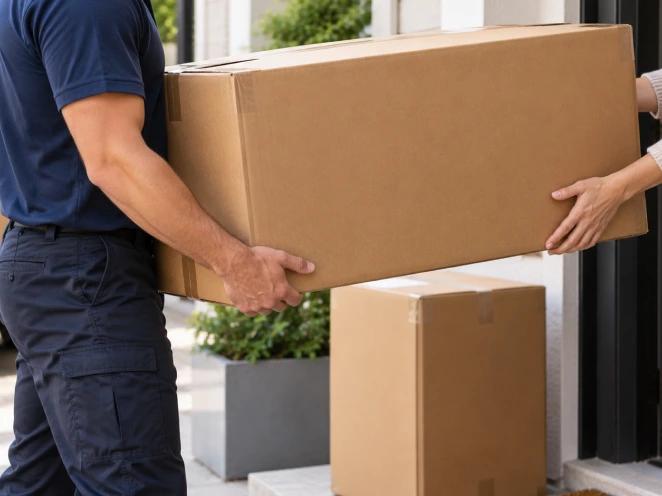 A courier handing a boxed suitcase to a customer at the door