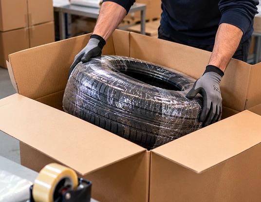 A courier wrapping a tyre in stretch wrap inside a box