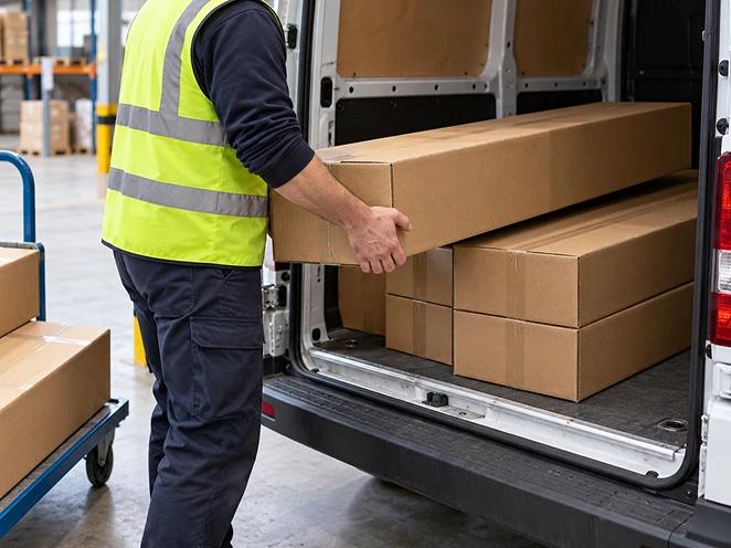 A courier loading a long guitar box into a delivery van