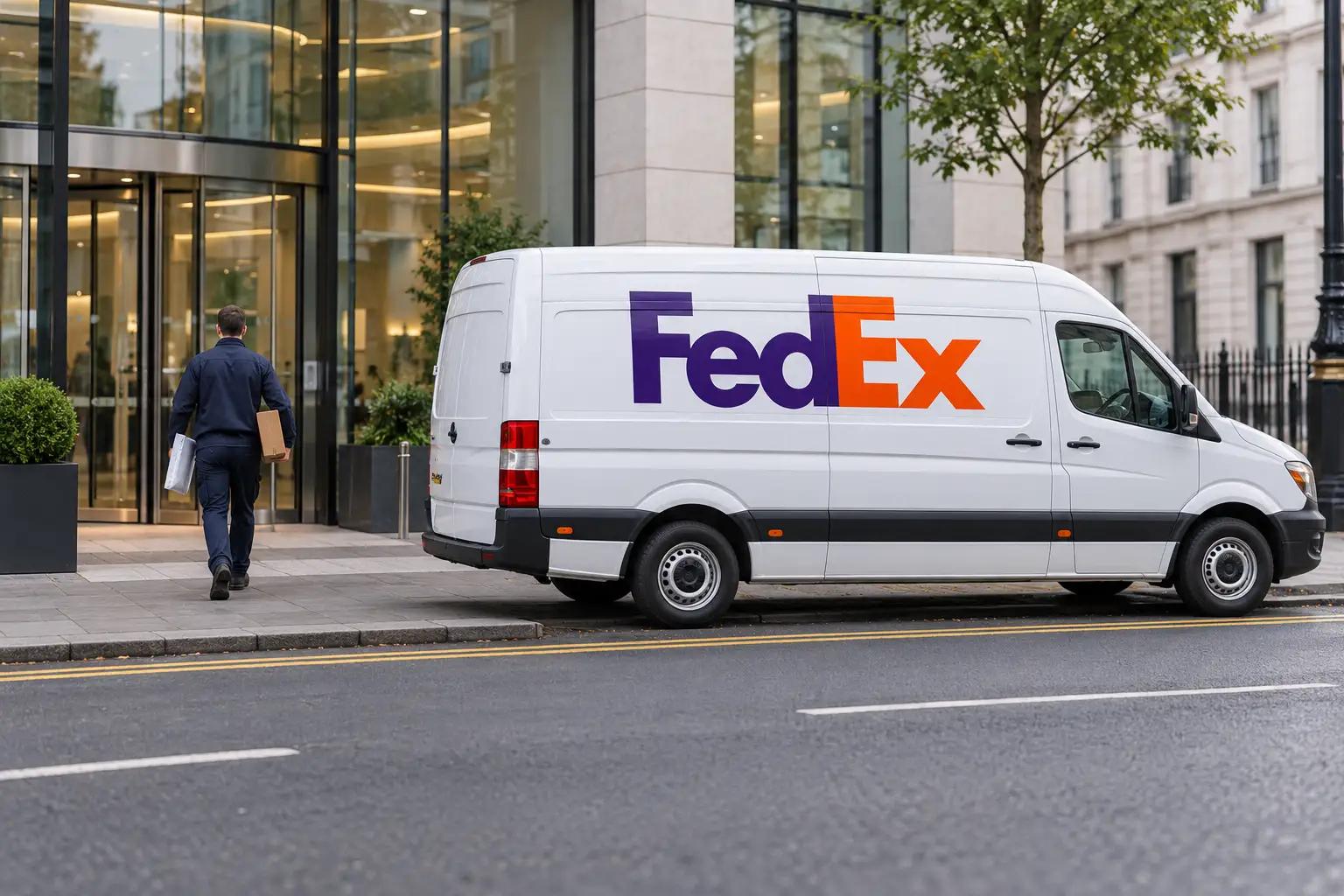 A FedEx courier loading parcels into a purple and orange FedEx van