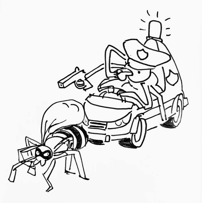 Doodle showing a police spider chasing a criminal spider.