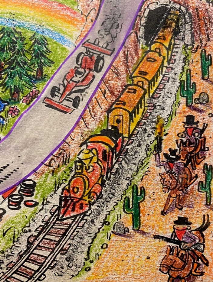 Colored pencil sketch of some Wild West bandits robbing a train