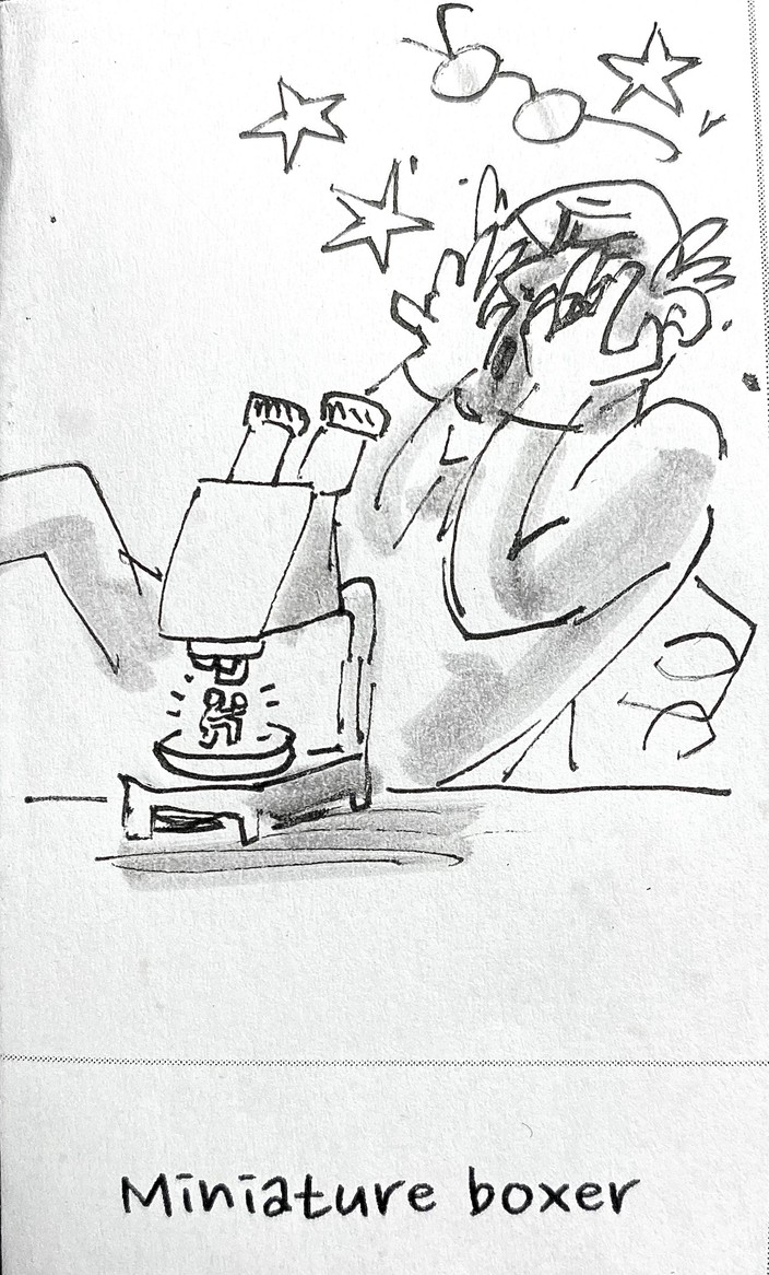 Sketch of a man clutching his face in pain, reeling back from a microscope. There is a tiny figure standing in the microscope’s sample dish.