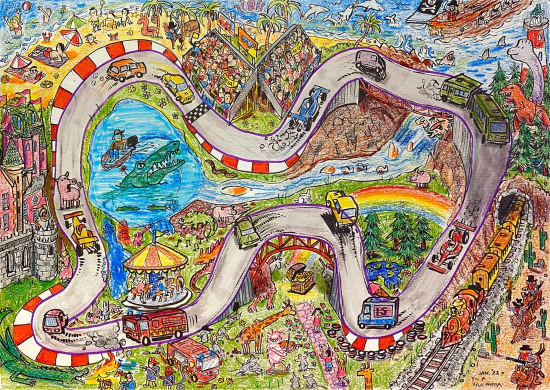 Drawing of a landscape based on a child’s imagination. It has a racetrack, fire engines, unicorns, pirates, and a giant, robot alligator.