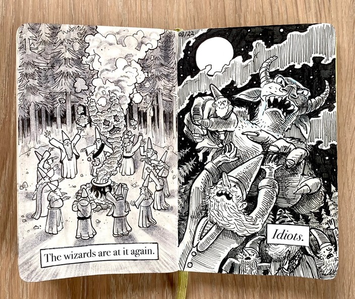 Sketchbook drawings of wizards summoning a monster.