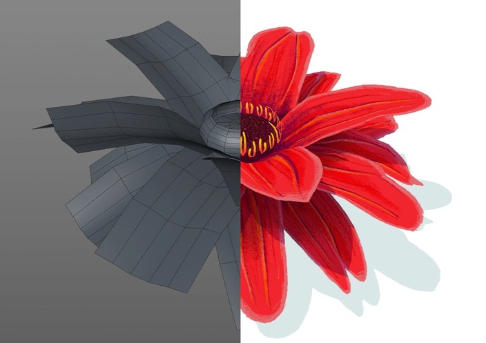 Screenshot from 3D modeling software showing a wireframe model of a flower, next to the rendered image with hand drawn texture maps.