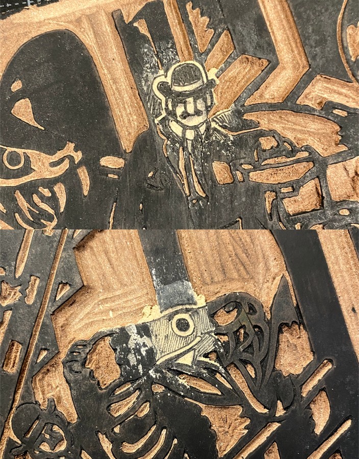 Close-ups of linocut plate with splotches of wood filler. New details have been drawn onto the hardened filler.
