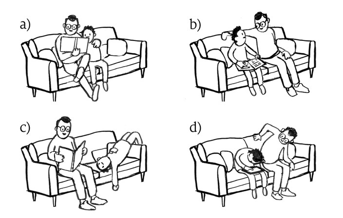 Drawings of a parent reading with a child, showing different postures and body language.