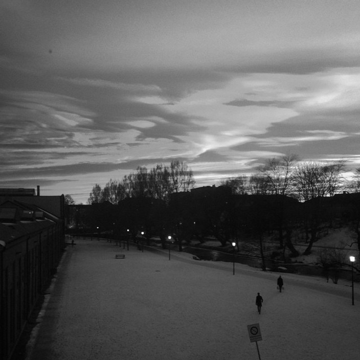Black and white photo of a sunset, a park lit by street lamps.