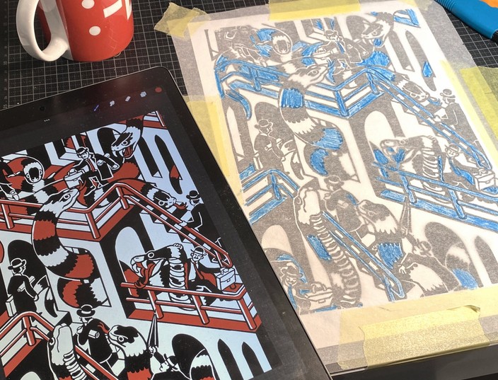 Photo of desk, showing two versions of the same print. One digital version on an iPad, and a printed version on paper. There is a tracing paper taped on top of the paper print, used to draw and define fields of color.