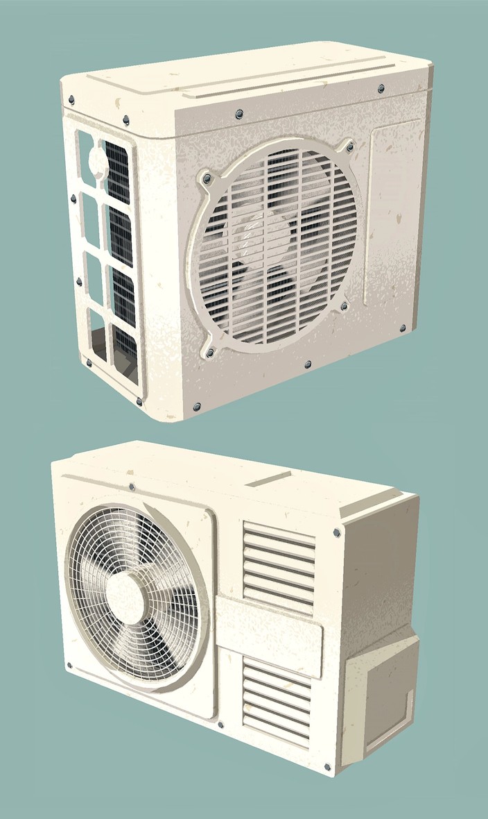 Stylized 3D renderings of a couple of aircondition units
